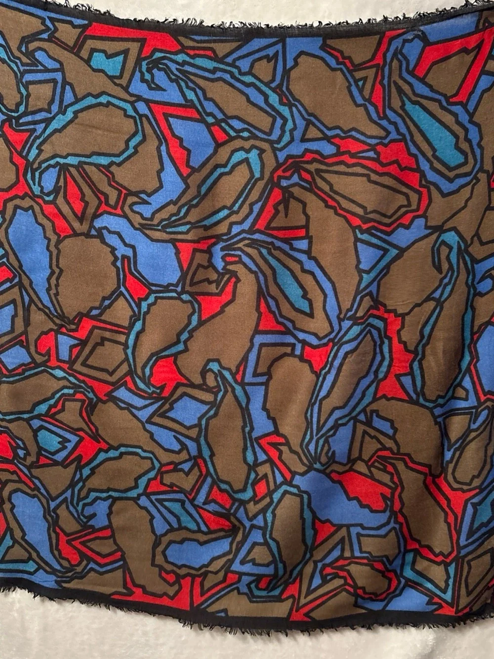 Abstract Geometric Print Scarf in Brown, Blue & Red 30x29”